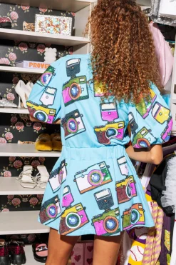 Aqua Multi Camera Smocked Waist Dress