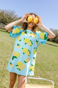 Aqua Sequin Poof Sleeve Lemon Dress