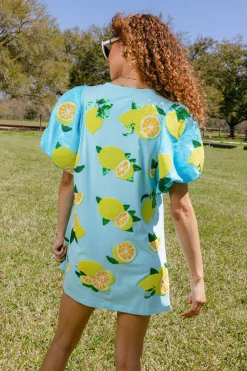 Aqua Sequin Poof Sleeve Lemon Dress