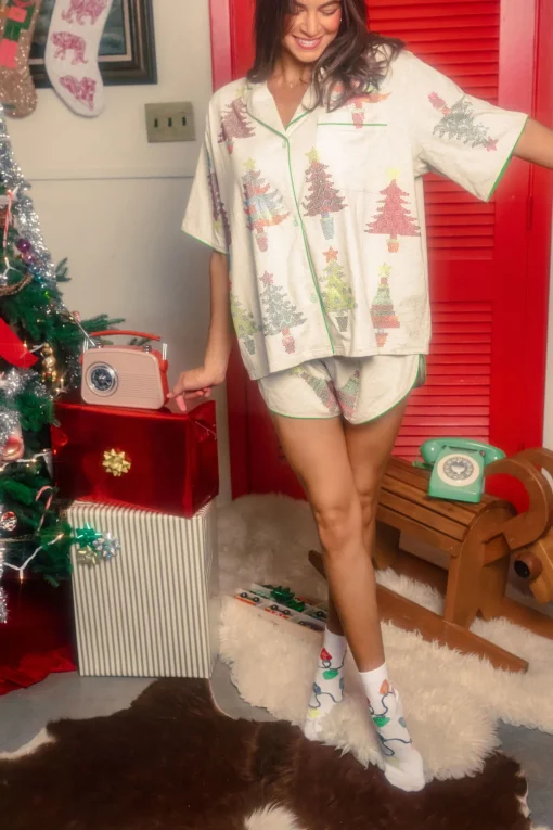 Beige Colorblock Trees Christmas Pajama Top
