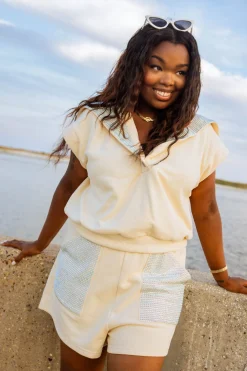 Beige Multi Rhinestone Pocket Short