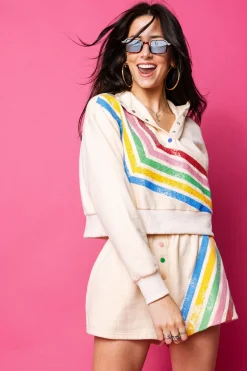 Beige Multi Stripe Henley Sweatshirt