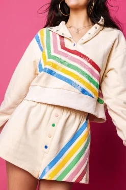 Beige Multi Stripe Henley Sweatshirt