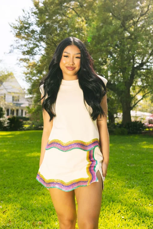Beige Rainbow Wavy Shoulder Pad Tank