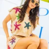 Beige Terry Cloth Starfish Zip Collar Top