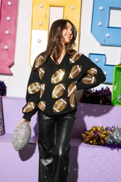 Black & Gold Rhinestone Lace Football Sweatshirt
