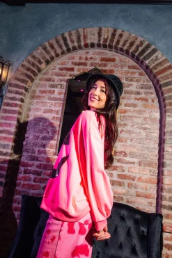 Black & Neon Pink Split Pumpkin Face Sweatshirt