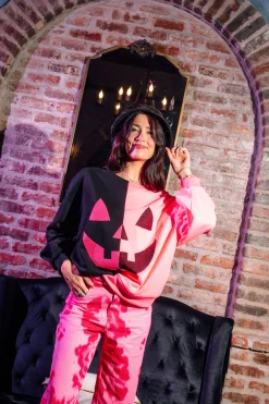 Black & Neon Pink Split Pumpkin Face Sweatshirt