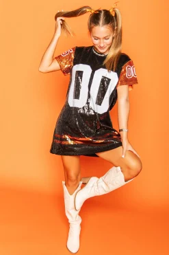 Black & Orange Full Sequin Jersey Dress