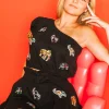 Black Embellished One Shoulder Top with Elephants