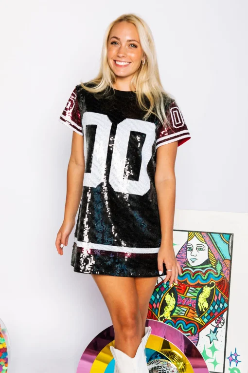 Black, Garnet/White Full Sequin Jersey Dress