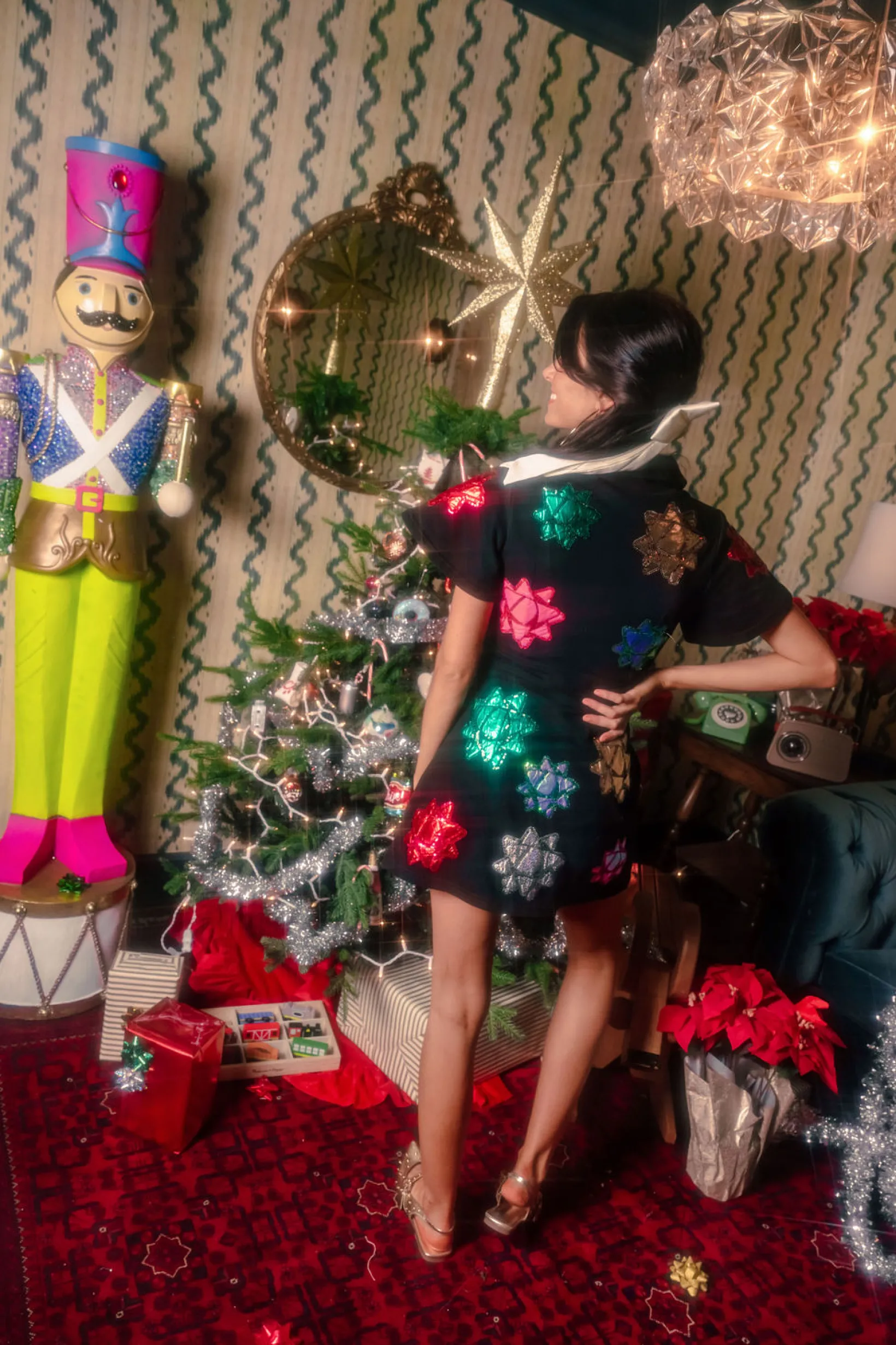 Black Metallic Present Bows Zip Up Dress