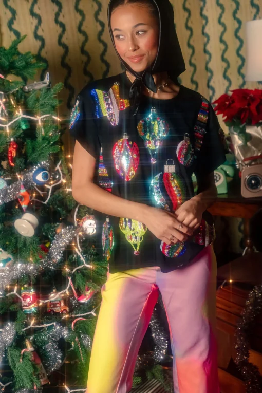 Black Multi Color Ornaments Tee