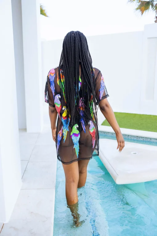 Black Multi Parrot Sheer Coverup