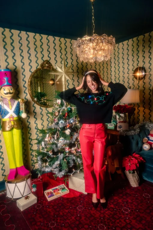 Black Multi Pearl & Jewel Christmas Light Sweater
