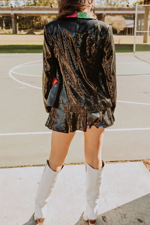 Black Sequin Colorblock Lapel Blazer