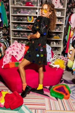 Black Sequin Poof Sleeve Rainbow Paillette Dress