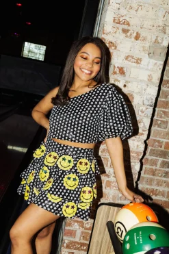 Black Sequin Star One Shoulder Top