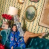 Blue Multi Color Ornaments Balloon Sleeve Dress