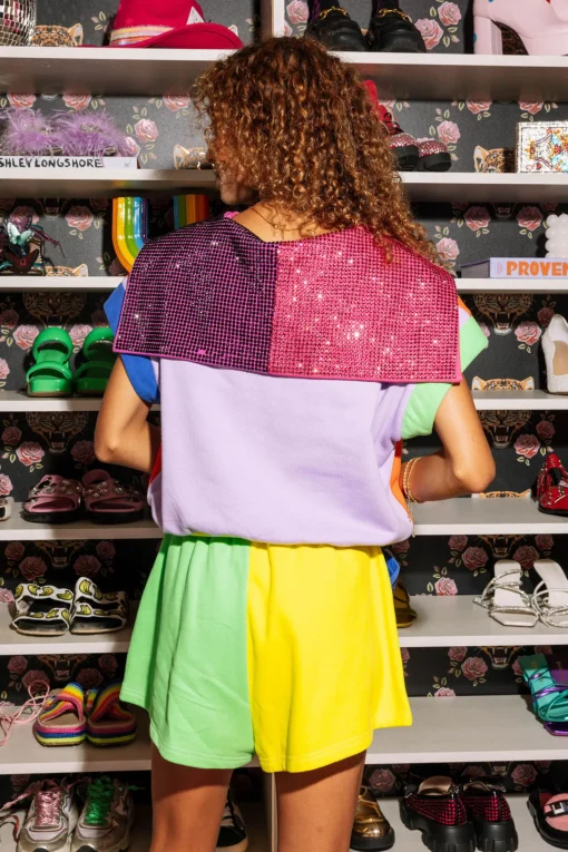 Bright Colorblock Button Rhinestone Collar Top