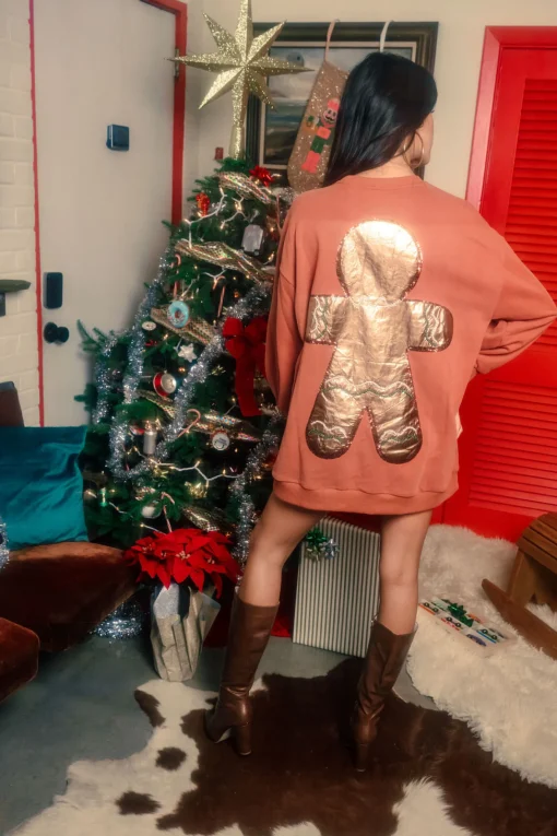 Brown Oversized Metallic Gingerbread Man Sweatshirt Dress
