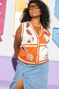 Burnt Orange & White Colorblock Football Icon Button Up Sweater Vest
