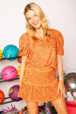Burnt Orange Rhinestone Poof Sleeve Top