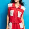 Crimson & White Gauze Top