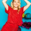 Crimson Rhinestone Poof Sleeve Top