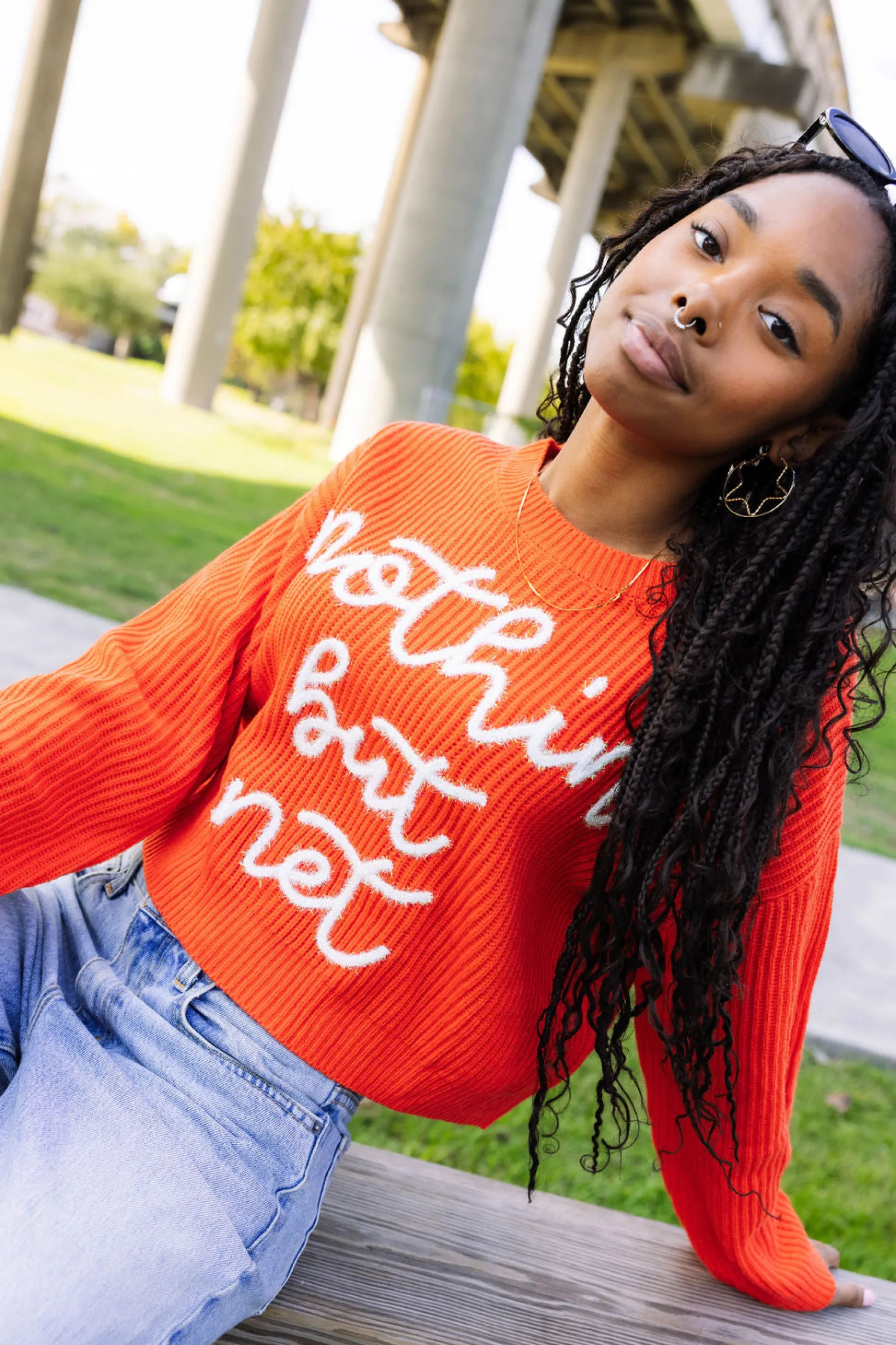 Dark Orange 'Nothin But Net' Glitter Script Sweater