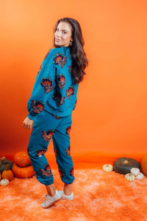 Dark Teal Beaded Turkeys All Over Joggers