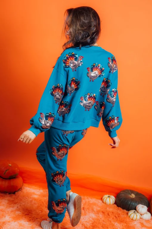 Dark Teal Beaded Turkeys All Over Joggers