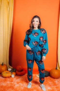 Dark Teal Beaded Turkeys All Over Joggers