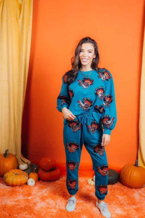 Dark Teal Beaded Turkeys All Over Joggers