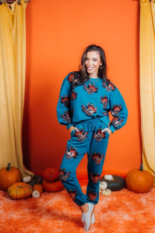 Dark Teal Beaded Turkeys All Over Joggers