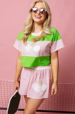 Green & Pink Stripe Pickle Ball Active Tee