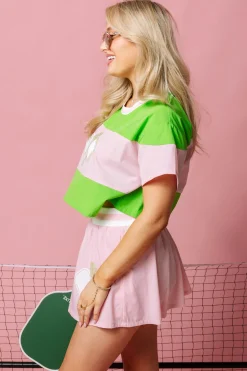 Green & Pink Stripe Pickle Ball Active Tee