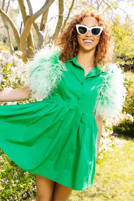 Green & White Feather Sleeve Dress