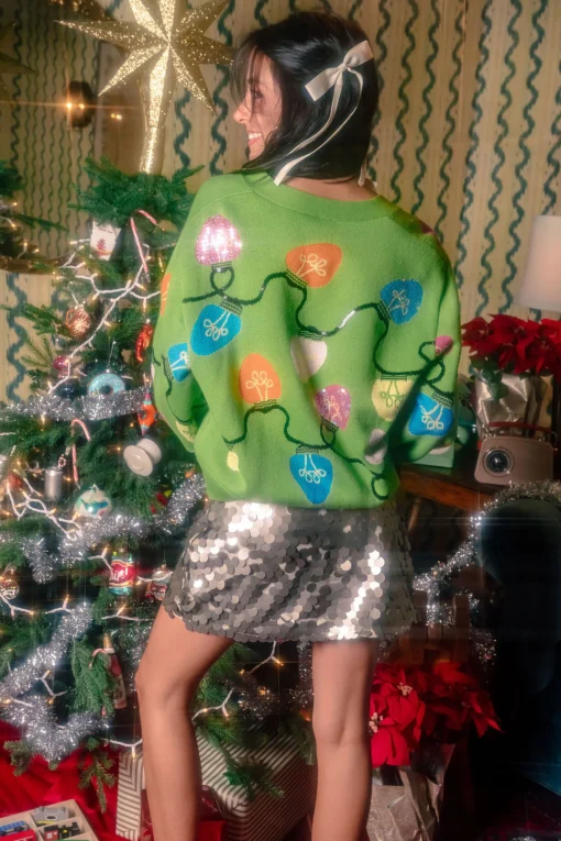 Green Multi Christmas Light Button Up Cardigan