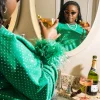 Green Scattered Rhinestone Feather Tinsel Sweatshirt