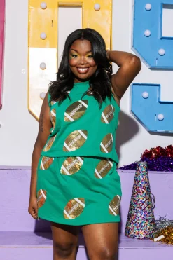 Green Scattered Sequin & Rhinestone Football Skort