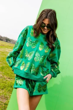 Green Sequin Scattered Butterfly Short