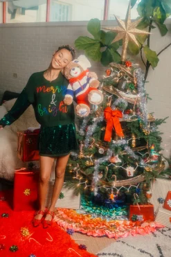 Green Shard Sequin Sleeve Multi Pearl 'Merry & Bright' Sweater