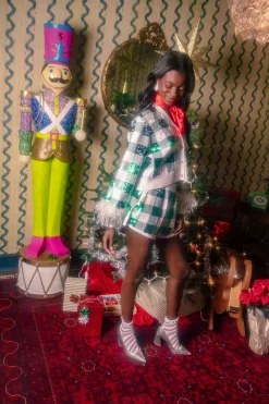 Green/White Buffalo Plaid Full Sequin Knit Shorts