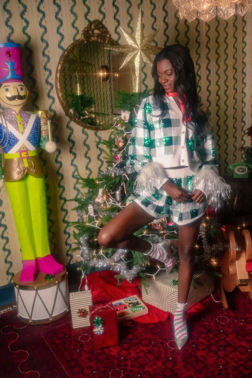 Green/White Buffalo Plaid Full Sequin With Feather Sleeve Cardigan