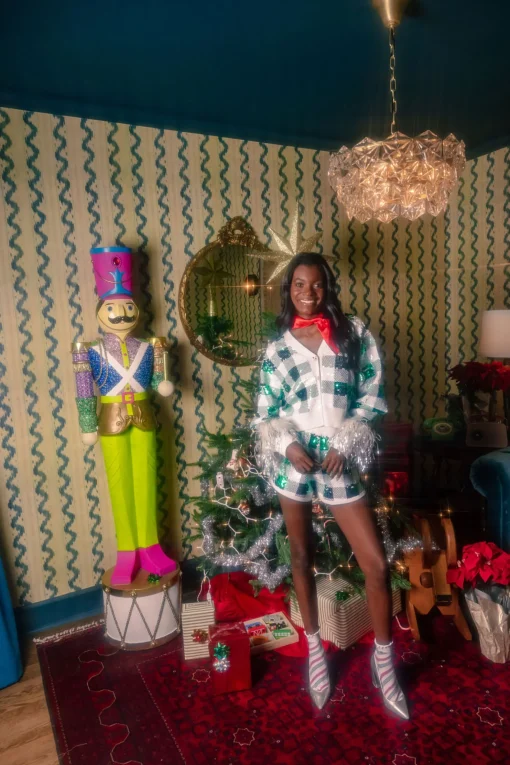Green/White Buffalo Plaid Full Sequin Knit Shorts