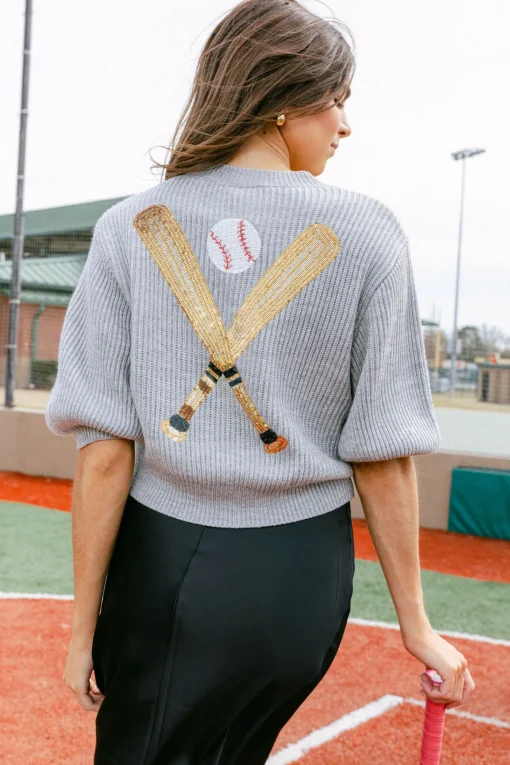 Grey 'Hey Batter Batter' Glitter Script Sweater