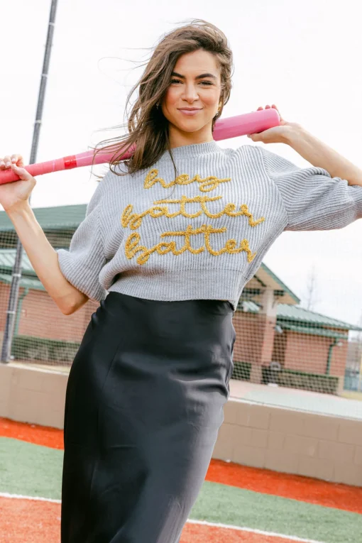 Grey 'Hey Batter Batter' Glitter Script Sweater