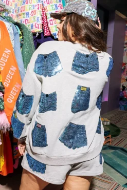 Grey Queen Of Denim Shorts Sweatshirt