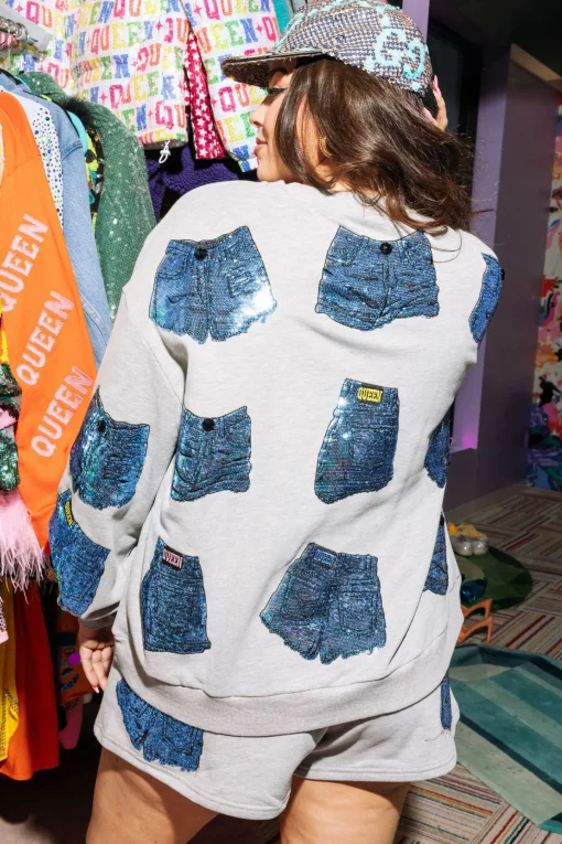Grey Queen Of Denim Shorts Sweatshirt